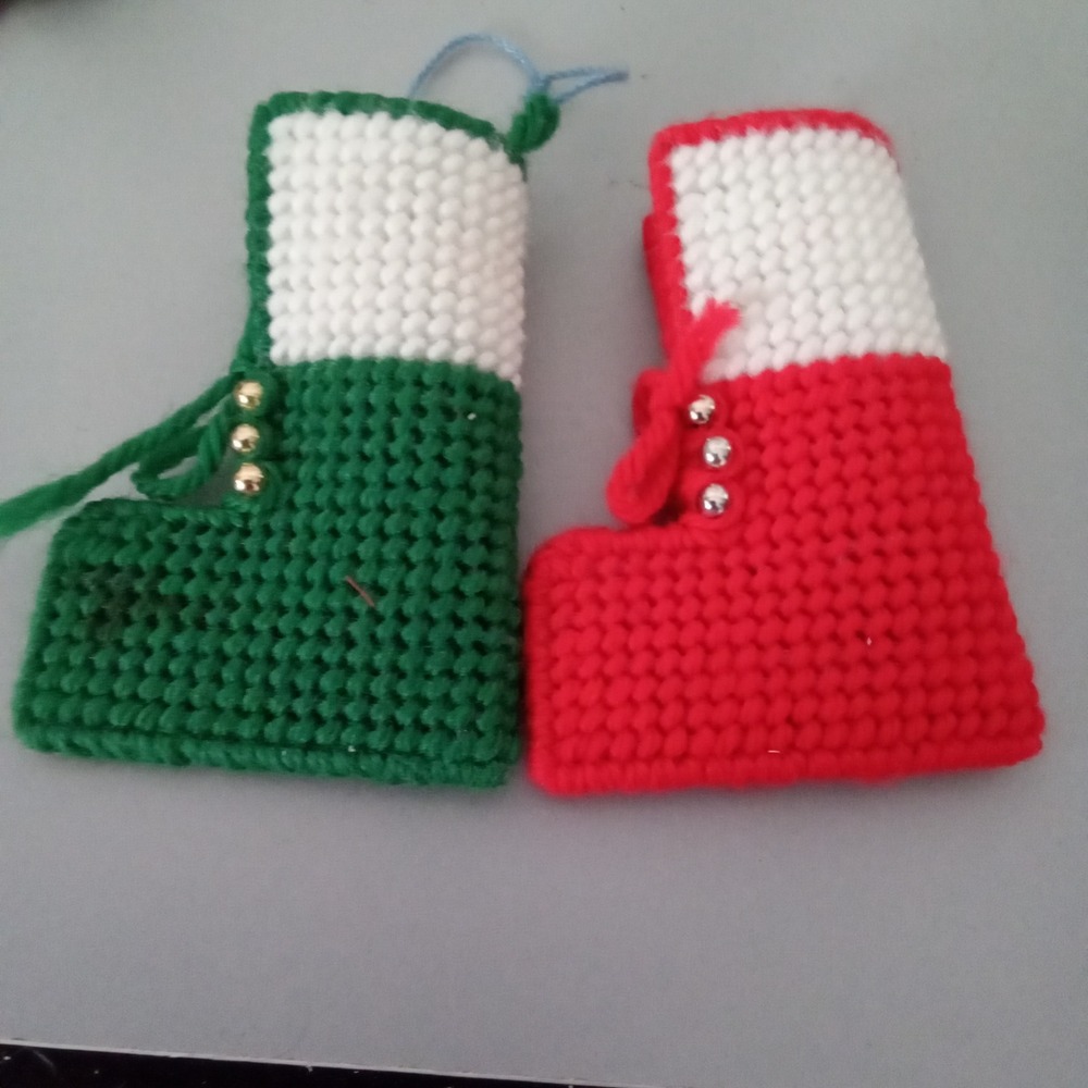 Handmade Plastic Canvas Christmas Tree Boot Ornaments Red Green Set of 2